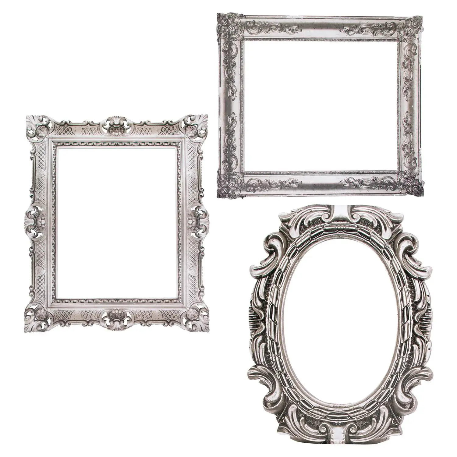 Silver Antique Picture Frame Set - 3-Pc. Cardstock Cutouts (16"-21" Size) for Home Decor, Photo Display, Wedding Use, Home Decor Accessory