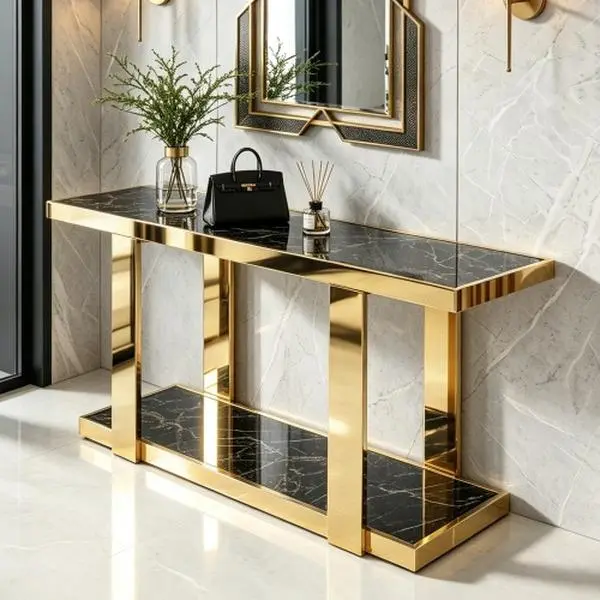 [Bellemave] 63.00 Inch Mirrored Console Table,Gold & Brown marble Entryway Table,Two-Tier Storage Space, Suitable for Living Rooms, Hallways, and Entryways.