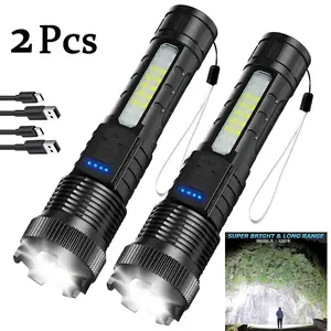 2-piece rechargeable zoom ultra bright flashlight, suitable for emergency power outages, outdoor camping, hurricanes Rechargeable LED battery powered, with 6 lighting modes and COB side lights Strong light, red and blue flashing flashlight