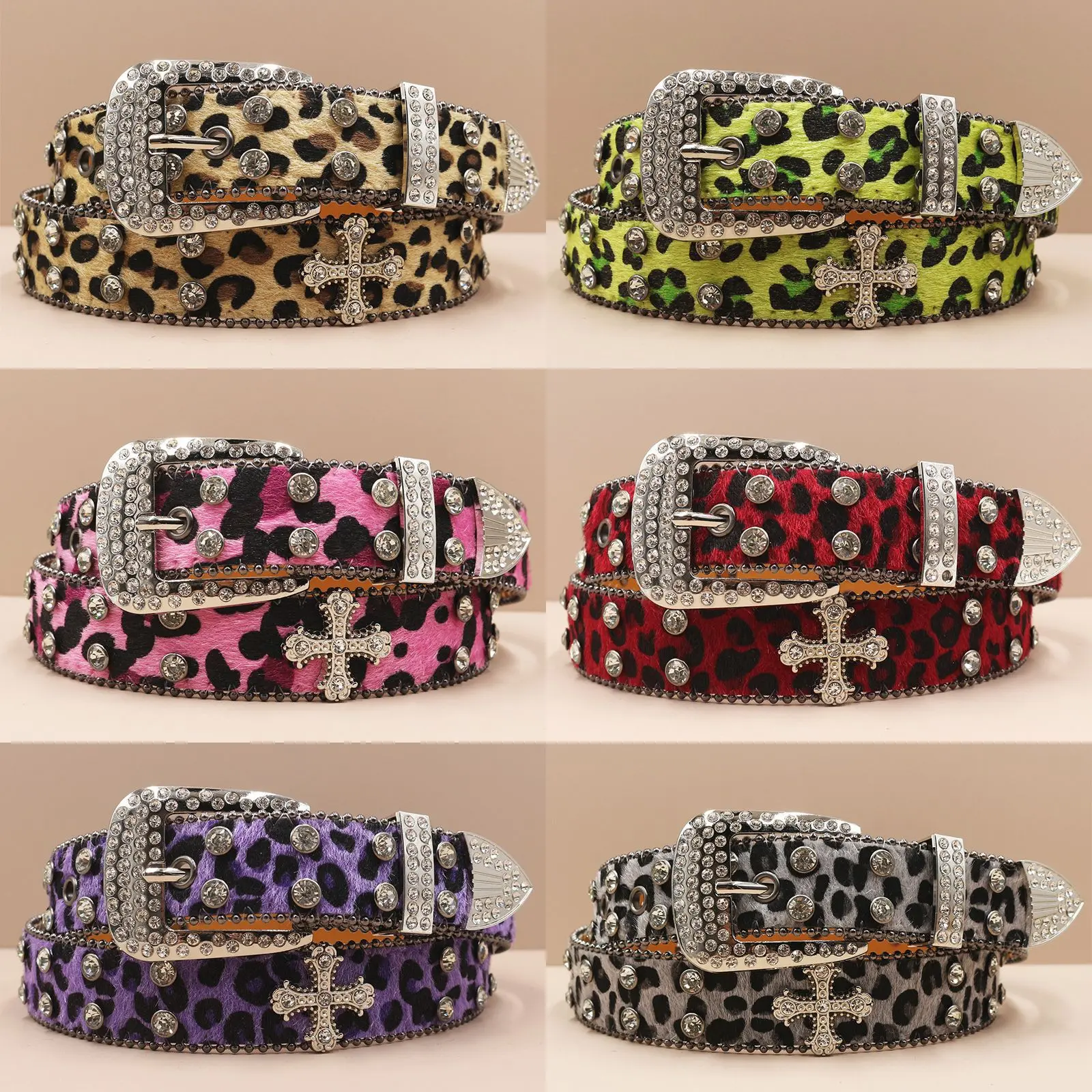Designer-style Cross Fashion Belt, Leopard-Print Western Rhinestone Belt, Unique Denim Women's Studded Jeans Waist Belt for Women and Men in Leopard