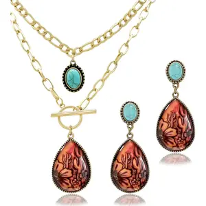 3 Pcs Western Turquoise Jewelry for Women Bohemian Set Cactus Turquoise Necklace Boho Dangle Earrings Country Concert Cowboy Chic Outfits for Women Jewelry Gifts Xmas Stocking Stuffers