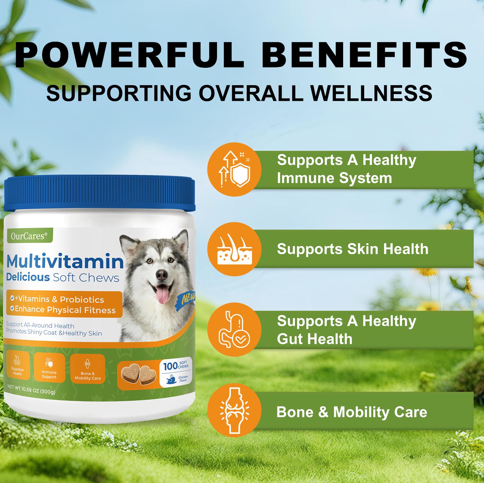 OurCares Generation 2 Dog Multivitamin Supplements 100 Count Dog Multivitamin Chewable  Immune Joint Support Skin Gut Health Glucosamine & Probiotics - Safe for Senior & Puppy Multivitamin - Chicken Flavor Pet Daily Chews Snacks