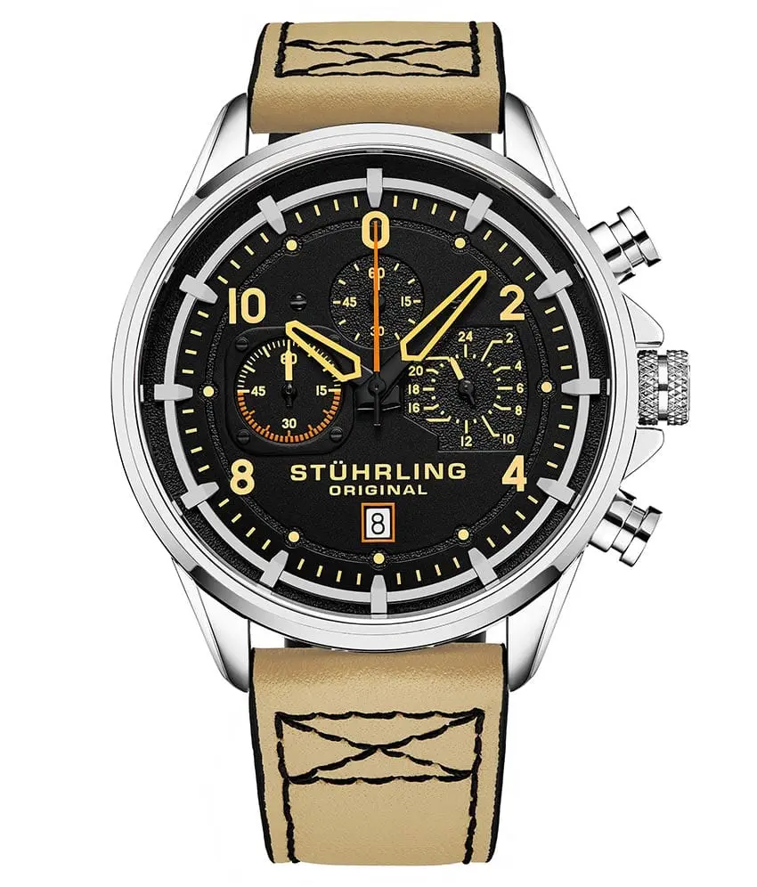 Stührling Volda 929 Male Aviator Watch - 45mm Analog Quartz Watch, Multi-Dial Face, Leather Strap, Suitable for Casual Wear, Analog Quartz Watches