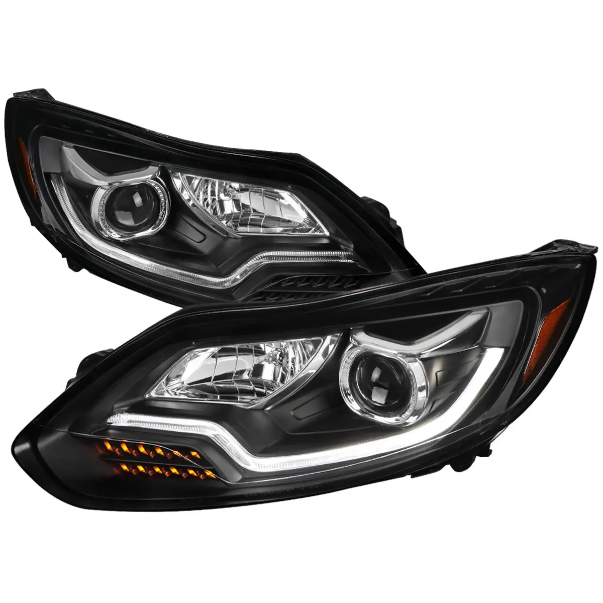 2012-2014 Focus Projector Headlights w/ LED Light Strip & Sequential Turn Signal Lights (Matte Black Housing/Clear Lens)