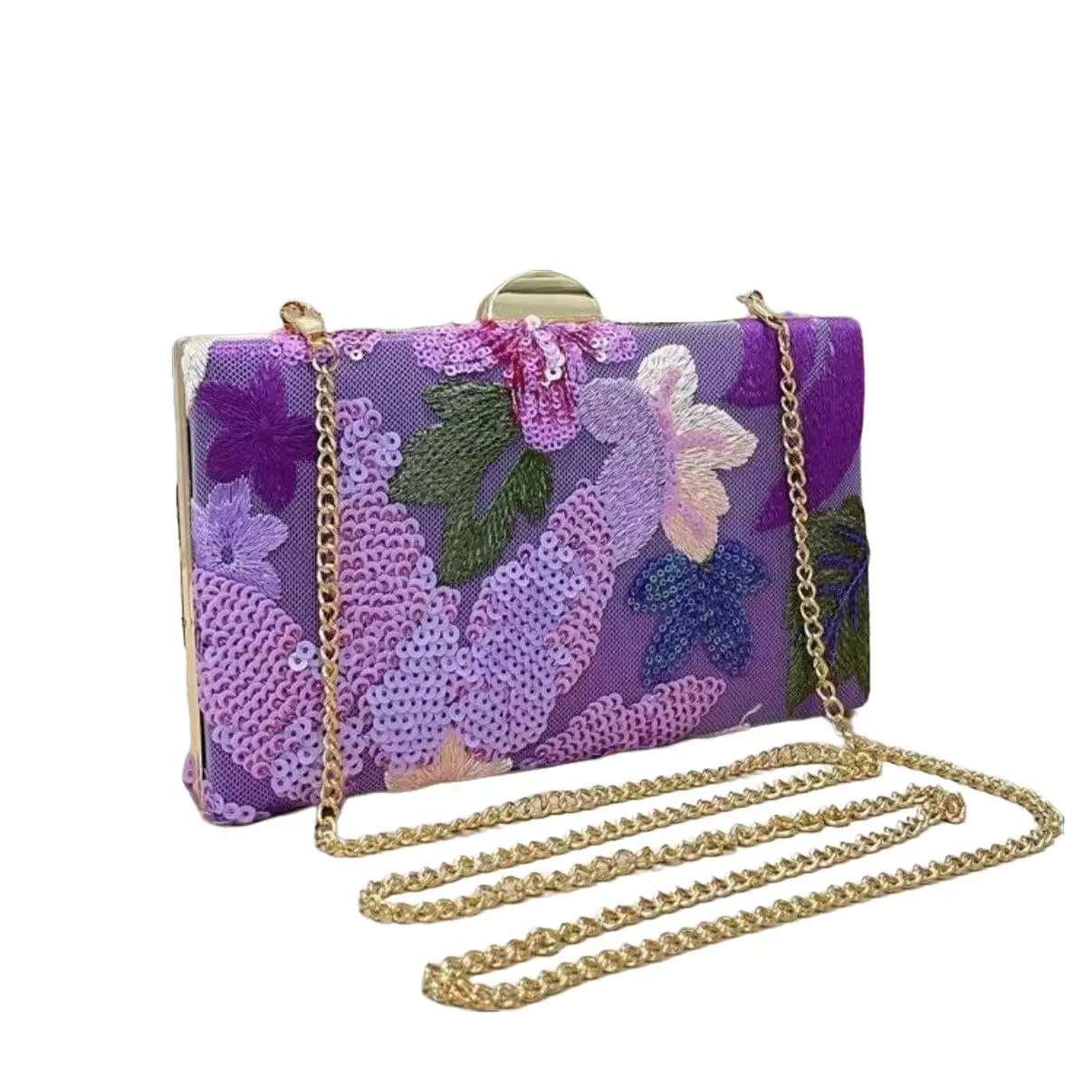 Mini Purple Party Clutch (Unique Random Pattern) Elegant and Detailed Sequin Embroidered Box Purse for Women, Mini Shoulder Crossbody Bag with Chain, Suitable for Party, Wedding, Prom