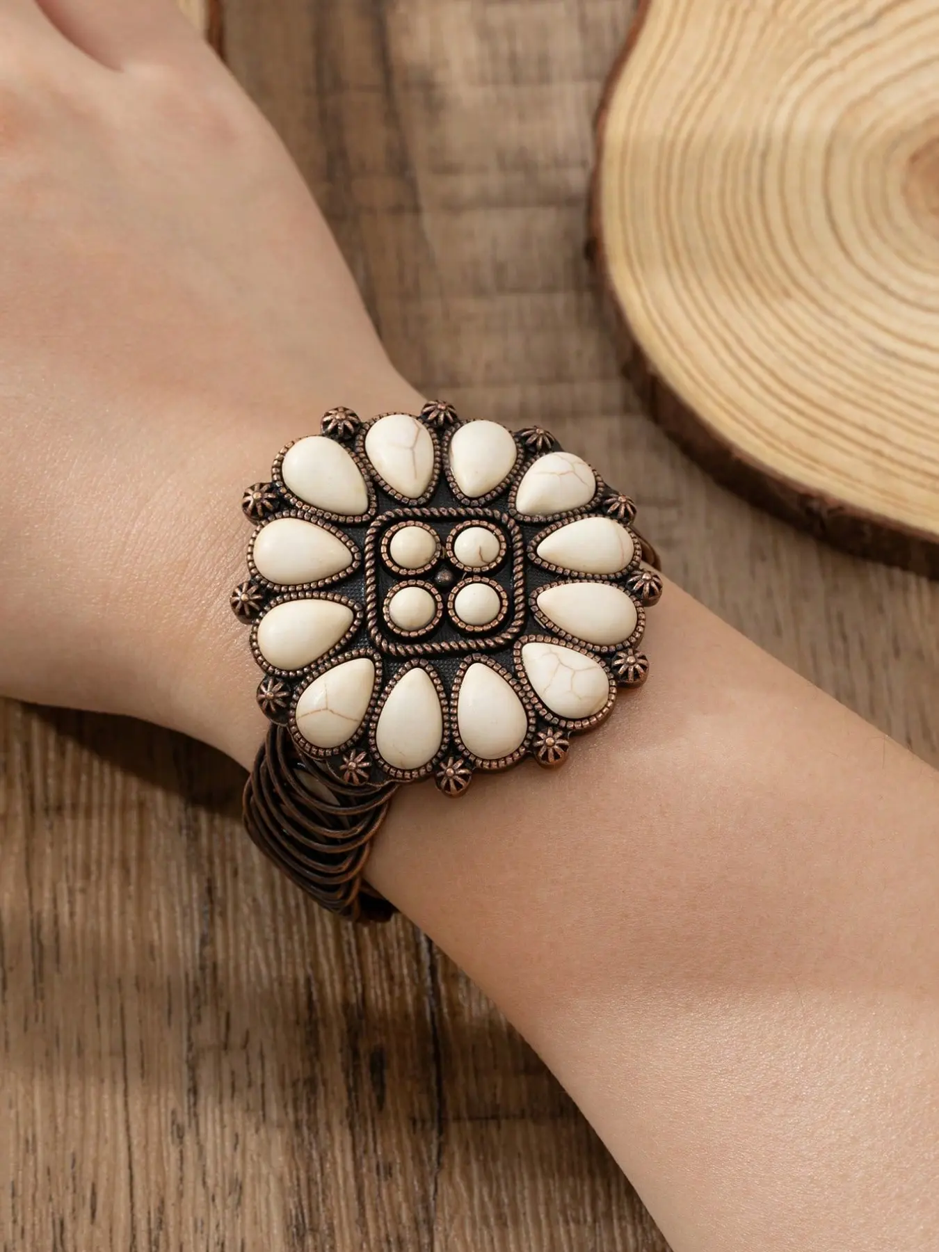 1pc Vintage Bohemian Style Teardrop Zinc Alloy Antique Bronze Cuff Bracelet For Women, Suitable For Outfits, Daily Wear, Holidays, Boho Stone Bracelet, Pretty Bracelet
