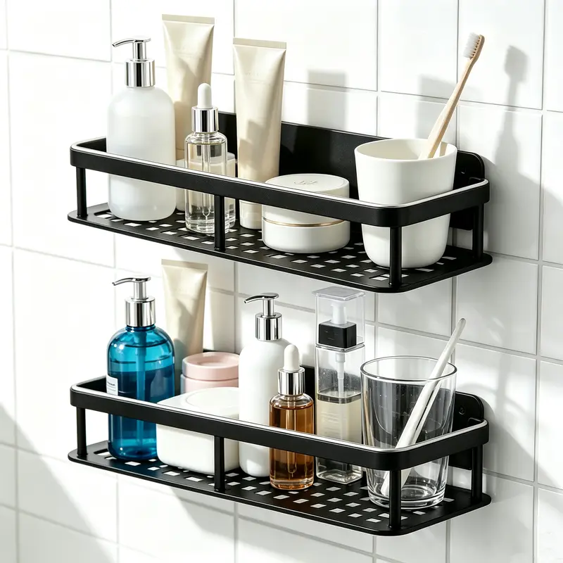 Adhesive Shower Caddy Tool (4Pack-Black) - 2 Large-Capacity Self-Adhesive Bathroom Shelves with Hook Rack, No-Drilling Lightweight Bathroom Organization Bath Basket Shower Accessories for Easy Installation