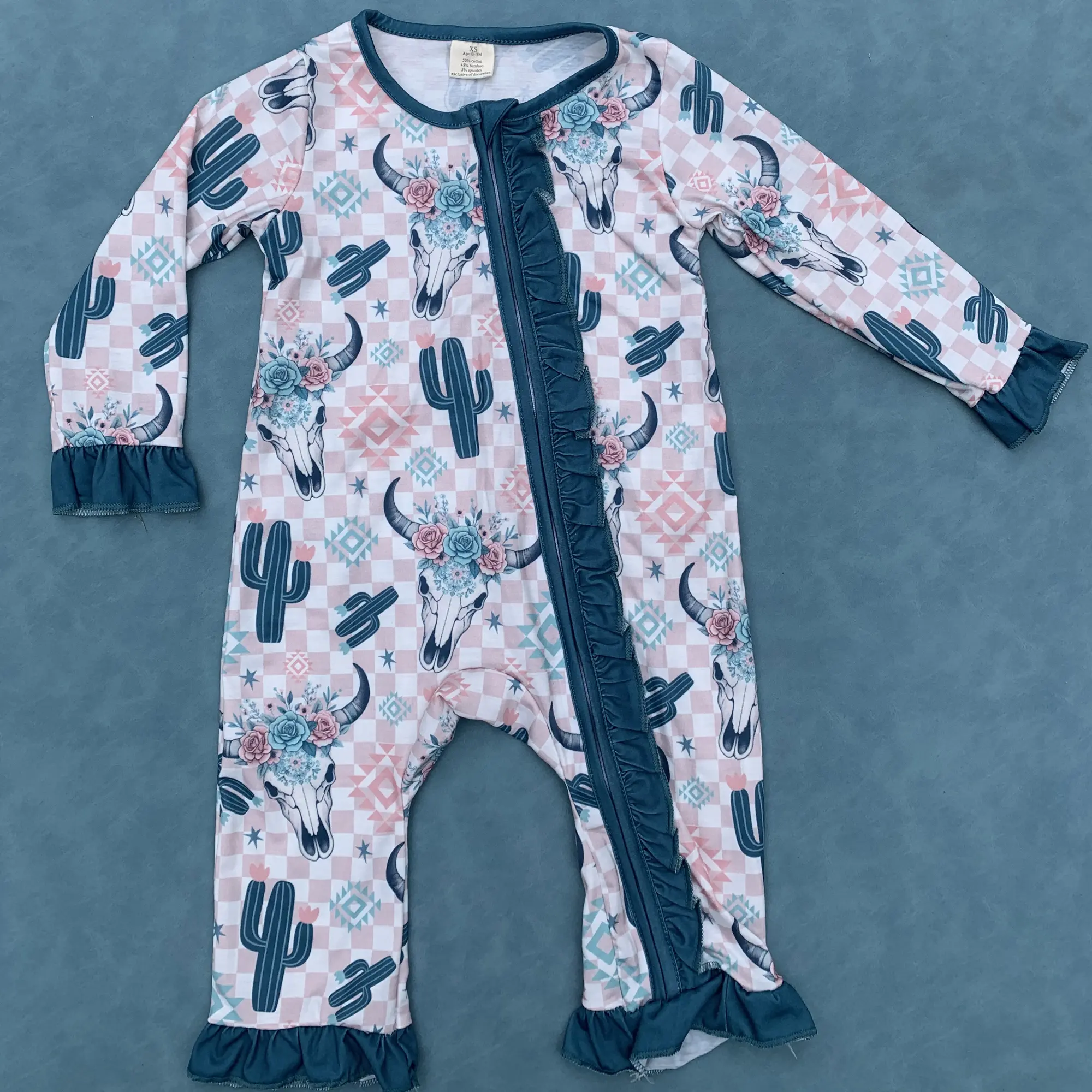Western cactus bull skull floral baby girls zip romper