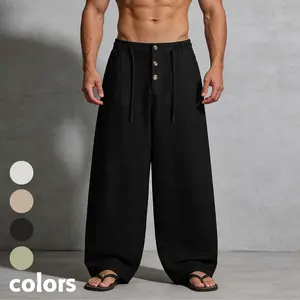 Men’s textured drawstring wide-leg pants, summer straight-cut casual trousers with a button fly