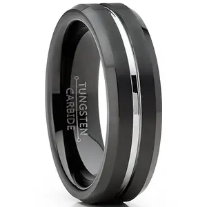 Mens Tungsten Wedding Band Black Ring Silver Two-Tone Grooved Center 6MM 5-13