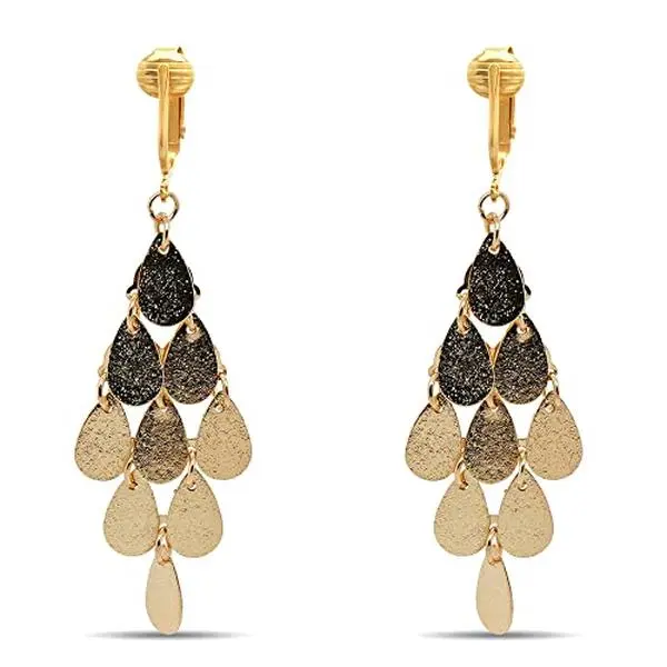 Gold Dangling Teardrops Clip On Dangling Earrings