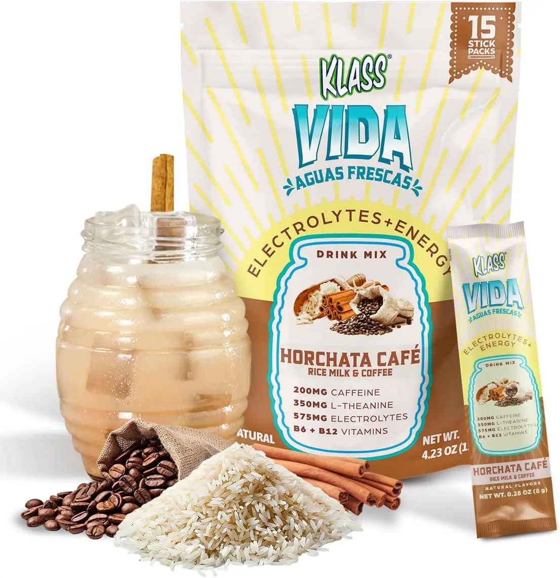 KLASS VIDA Hydration Coffee Horchata Electrolyte Powder Packets, Sugar Free Drink Mix with Caffeine, L-Theanine & Coconut Water, 15 Sticks