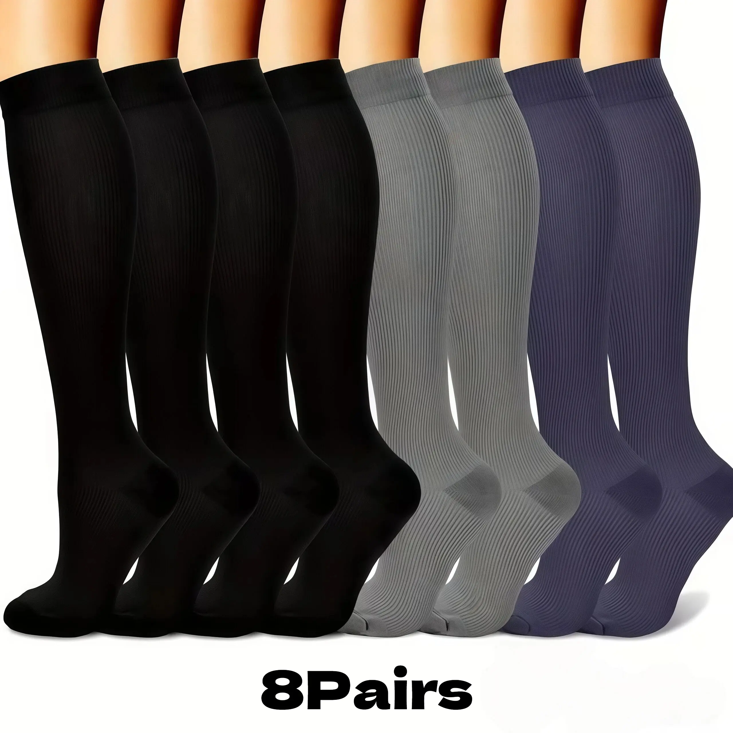 Women's Targeted Compression Socks (8 Pairs, 15-20mmHg) - Machine Wash, Outdoor Running, Sports Fit, Top Support for Running/Cycling, Outdoor Running Socks, Sports Fit Socks