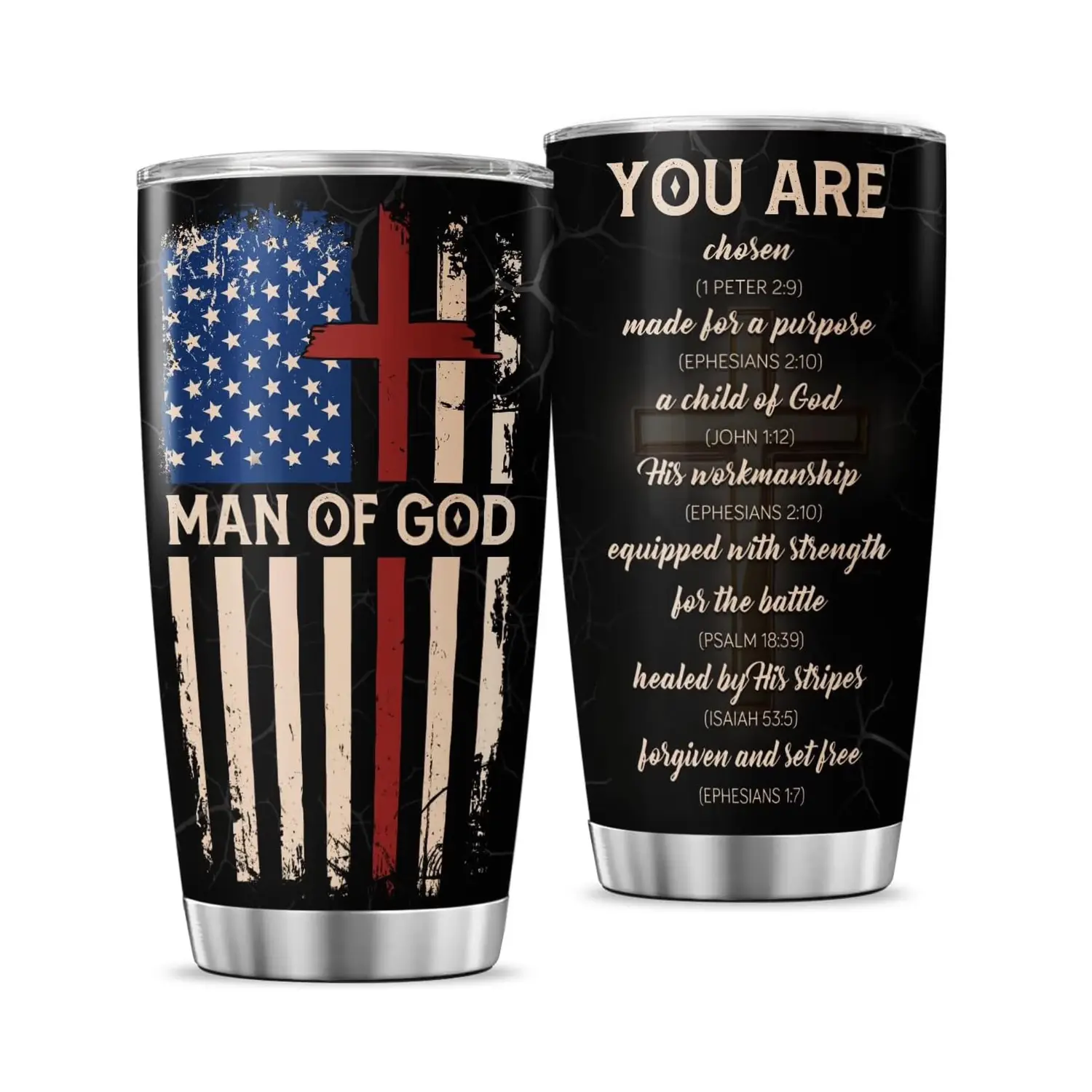 Christian Man of God 20oz Tumbler, Bible Verse Travel Mug with American and Cross, Religious Gift for Men, Spiritual Faith Cup for Dad, Husband