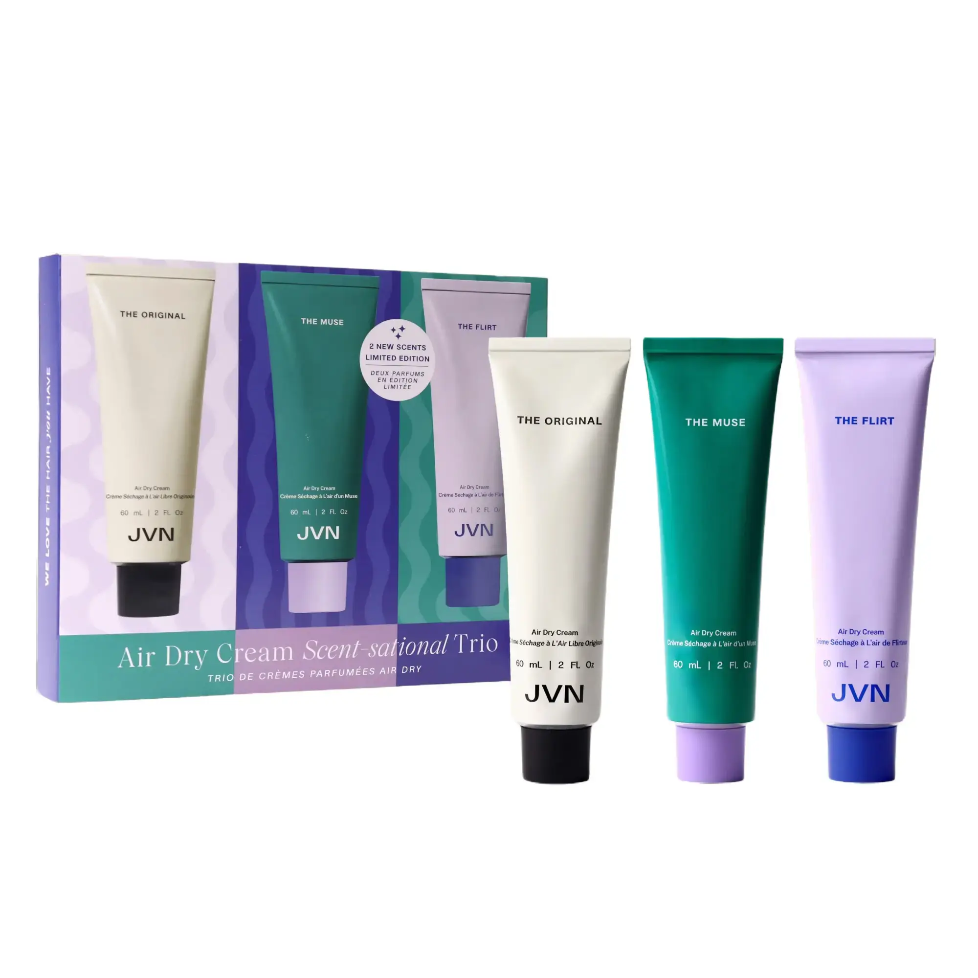 JVN Air Dry Cream Travel Trio - 3 Scents, 24 Hour Frizz Control, No Heat Needed Hair Styling, Hair Smoothing Cream Enhances Your Natural Texture, Curl Cream and Wavy Hair Products, Silicone Free