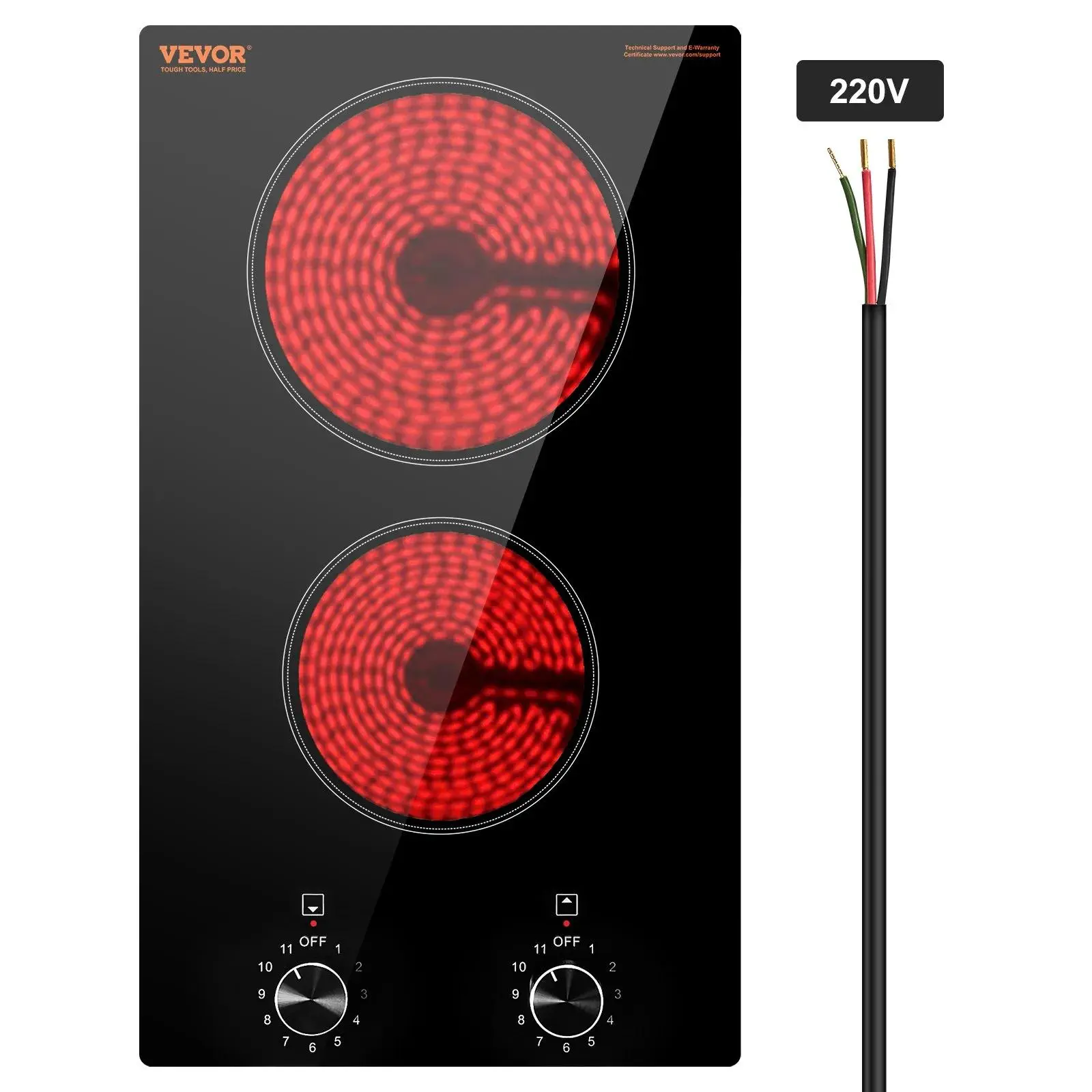 【Summerfinds】VEVOR Electric Cooktop,  12 inch 2 Burners Built-in Electric Stove Top, 3000W Ceramic Top Radiant Cooktop, with Glass Panel, Knob Control, 11 Heat Levels, 220-240V, Hard Wire (No Plug)