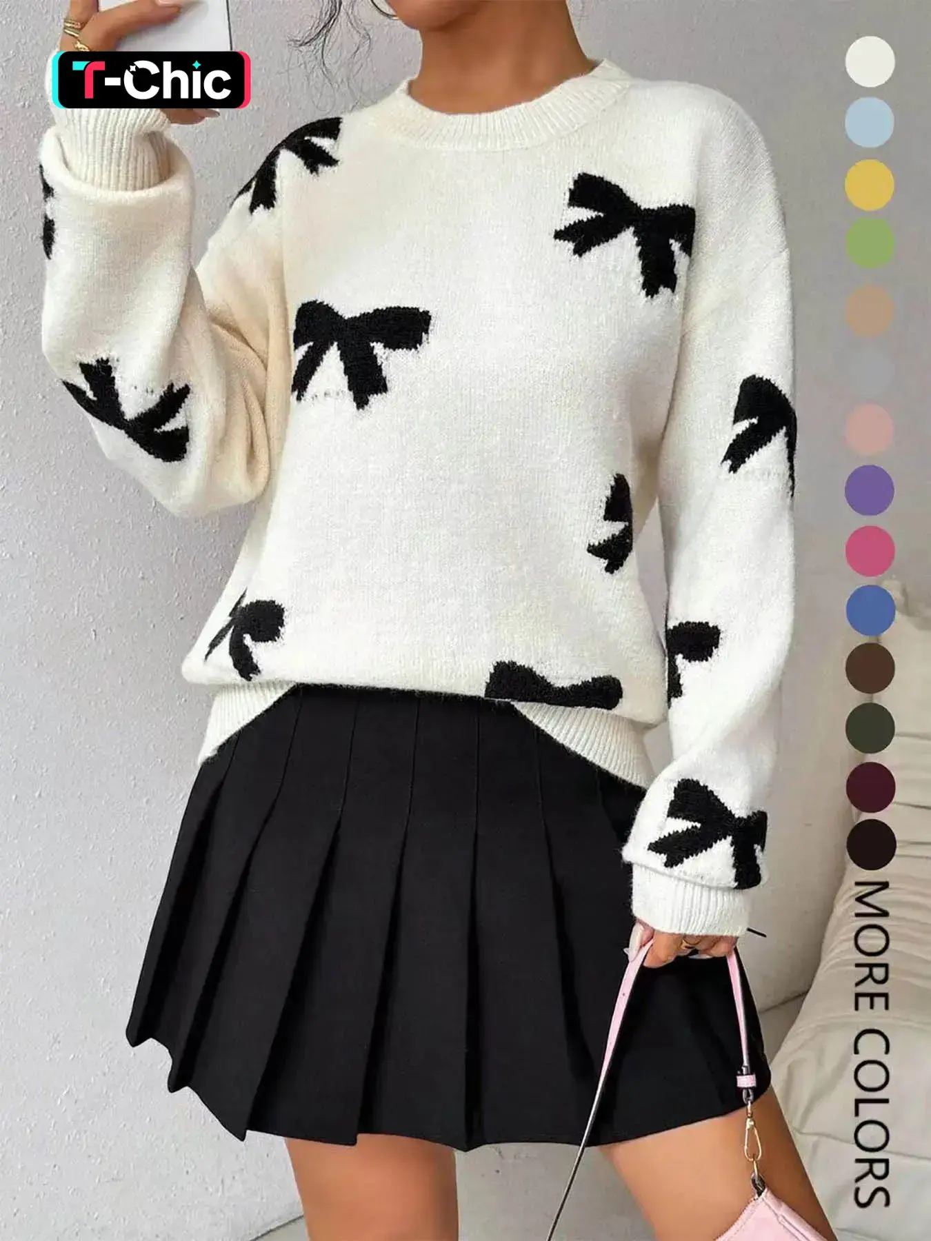 Women's Fashion Bow Print Casual Style Loose Knitting Sweater, New Long Sleeve Pullover for Autumn and Winter, Knitwear, Tops, Womenswear