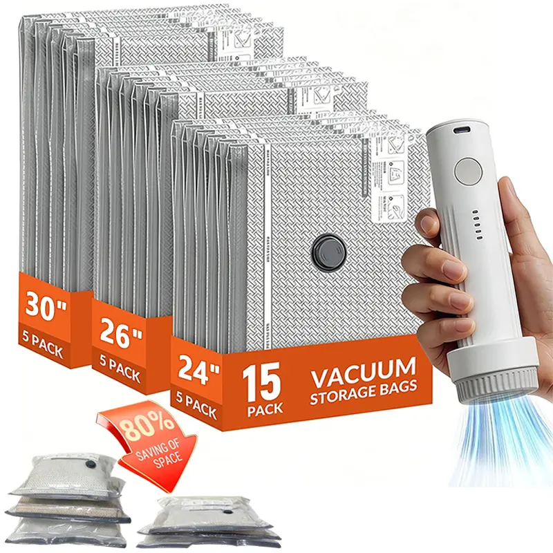 [2026 Upgraded]Cordless Travel Vacuum Bag SetVacuum Bags for Travel withRechargeable air Pump, 9/15Pack Carry-on Size Compression Packing Bags forLuggage and Suitcase, Space Saving Storage Bags forClothes and Clothing Travel ZipperPouches,dorm essentials