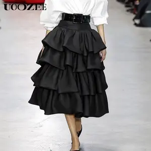 UOOZEE Women's Soft Feminine Shiny Satin Cropped A-Line Skirt - Tiered Falbala, Loose, Solid Color, No Belt, Formal Evening Cocktail Party Wear Bottoms,summervibes