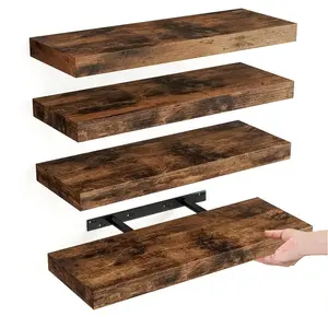 Bosniik Brown 15.8inch Floating Shelves 4-Piece Set with Invisible Brackets for Bedroom Bathroom Kitchen Living Room Decor Artificial Wood Frosted Surface 20 lb Capacity Easy Assembly Wooden Block Wall Shelves Plant Desk Black