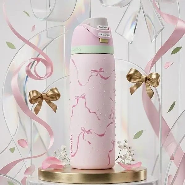 Owala FreeSip Insulated Flask - Aesthetic Coquette Pink Bow Pattern, Leak-Proof Sports & Travel Bottle