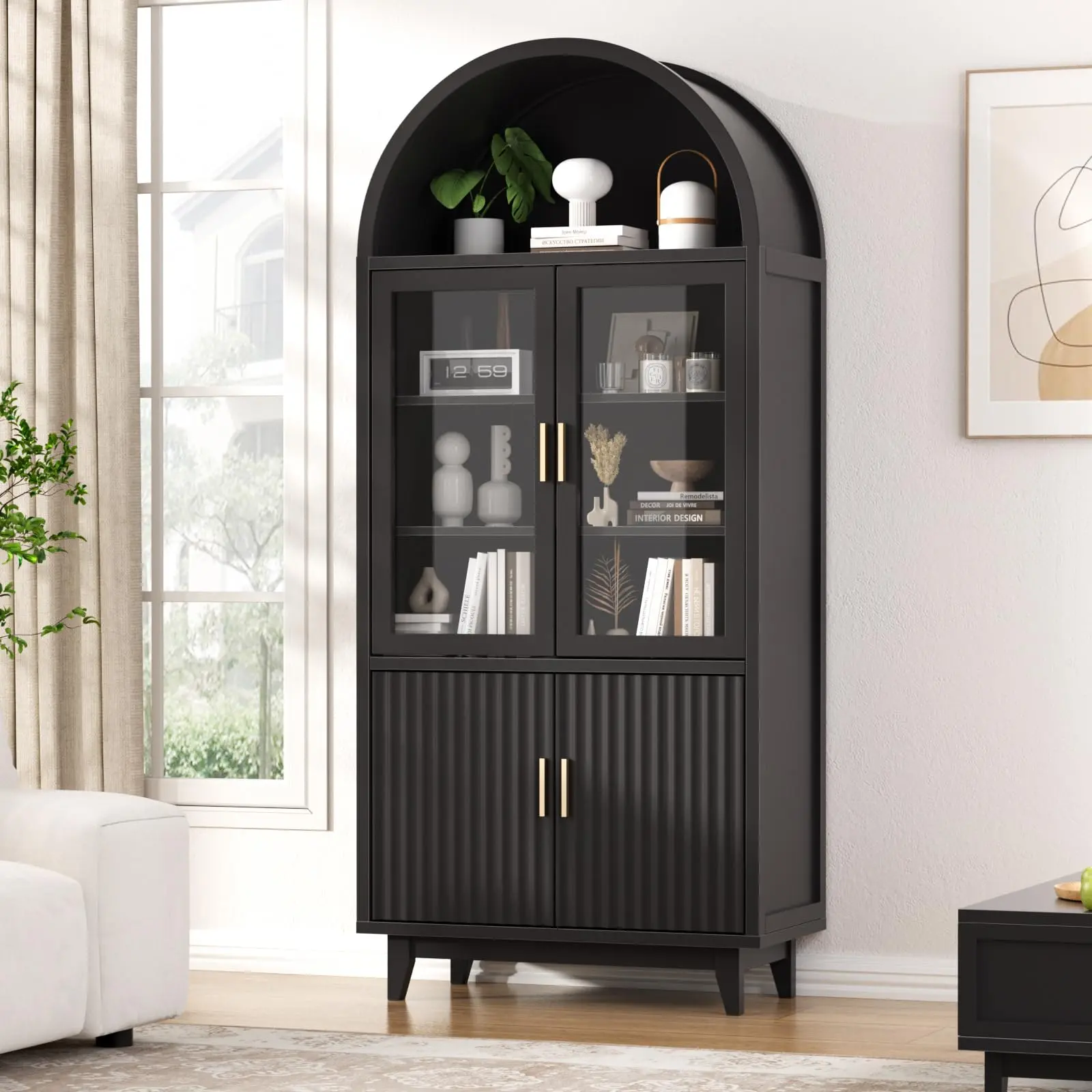 [Summergarden] Vabches Arched Storage Cabinet - 70.8" Curved Top, Modern Fluted Door, Tempered Glass, Adjustable Shelves, Solid Wood Legs, Space Saver, Modern Credenza, Storage Buffet, Wood Entryway Console for Living Room, Natural