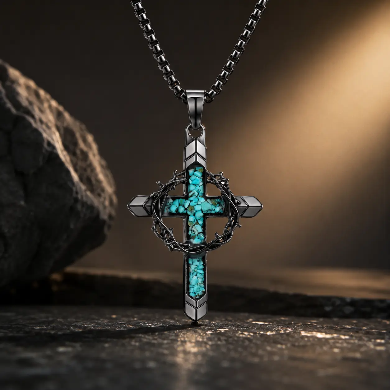 Turquoise Thorn Crown Cross Necklace - Women's & Men's Faith-Based Christian Jewelry, Casual Style Necklaces