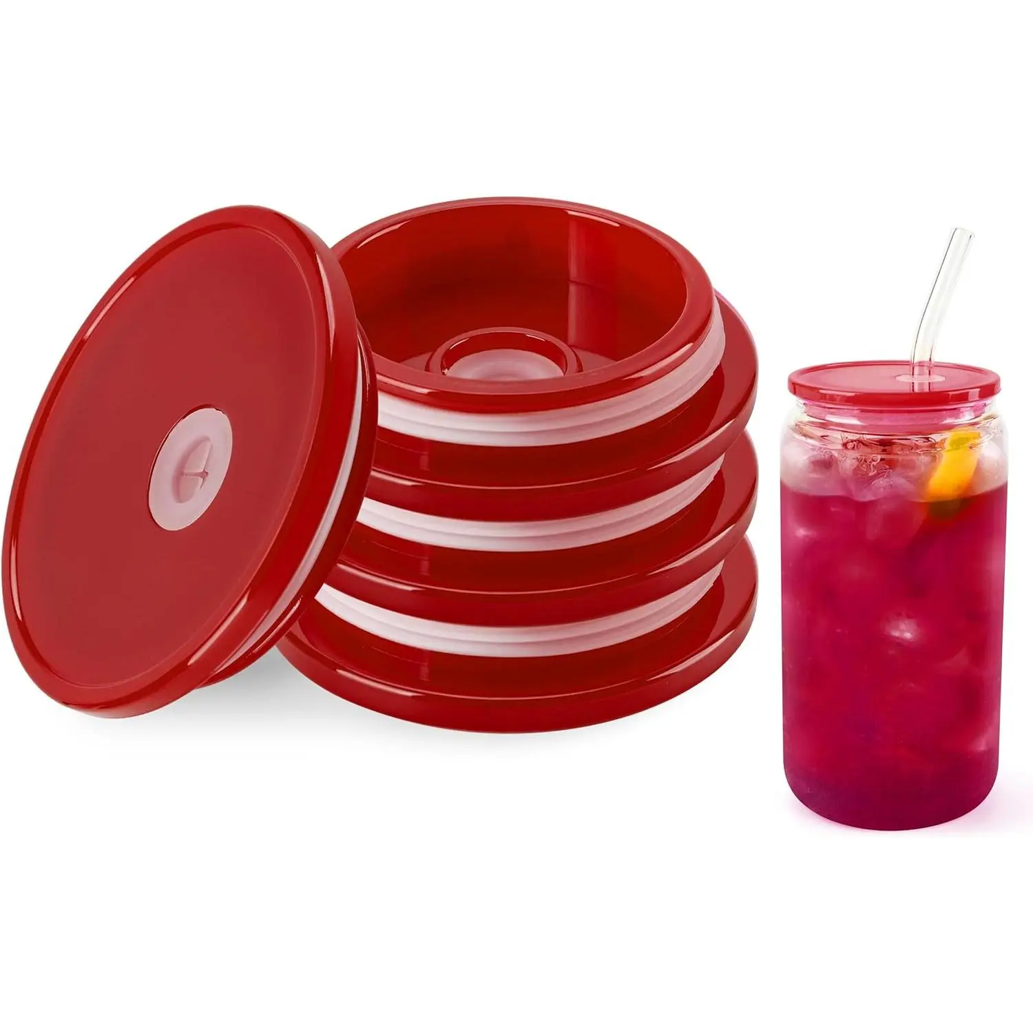 Joyclub 4-Pack Silicone Sealed Acrylic Lids for 16 oz Glass Cups with Bamboo Lids & Straws - Reusable Kids Drinkware for Iced Coffee, Boba Gift (Red)