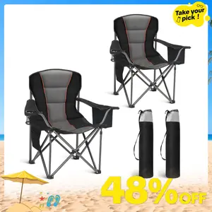 PHI VILLA Oversized Camping Folding Chair, Heavy Duty Support 450 LBS Steel Frame Collapsible Padded Arm Chair with Cup Holder Quad Lumbar Back, Portable for Outdoor