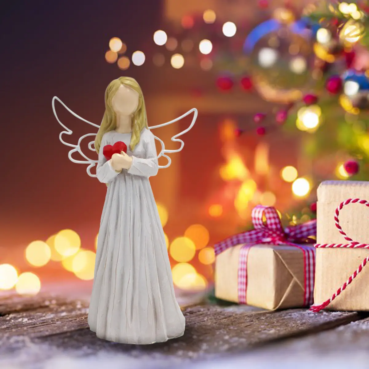 1pc angel with metal wings, holding a heart in hand, resin ornament, Decorative ornament, used for Christmas, Mother's Day, Valentine's Day, Thanksgiving and other holiday decorations, wedding decorations and other occasions, Home Decor Ornament