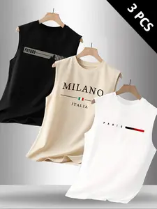 Men's Summer Casual Sleeveless Vest, Athletic Tank Top, Letter Print Design, Outdoor Sports & Daily Wear, Pack of 3, Fitted Style