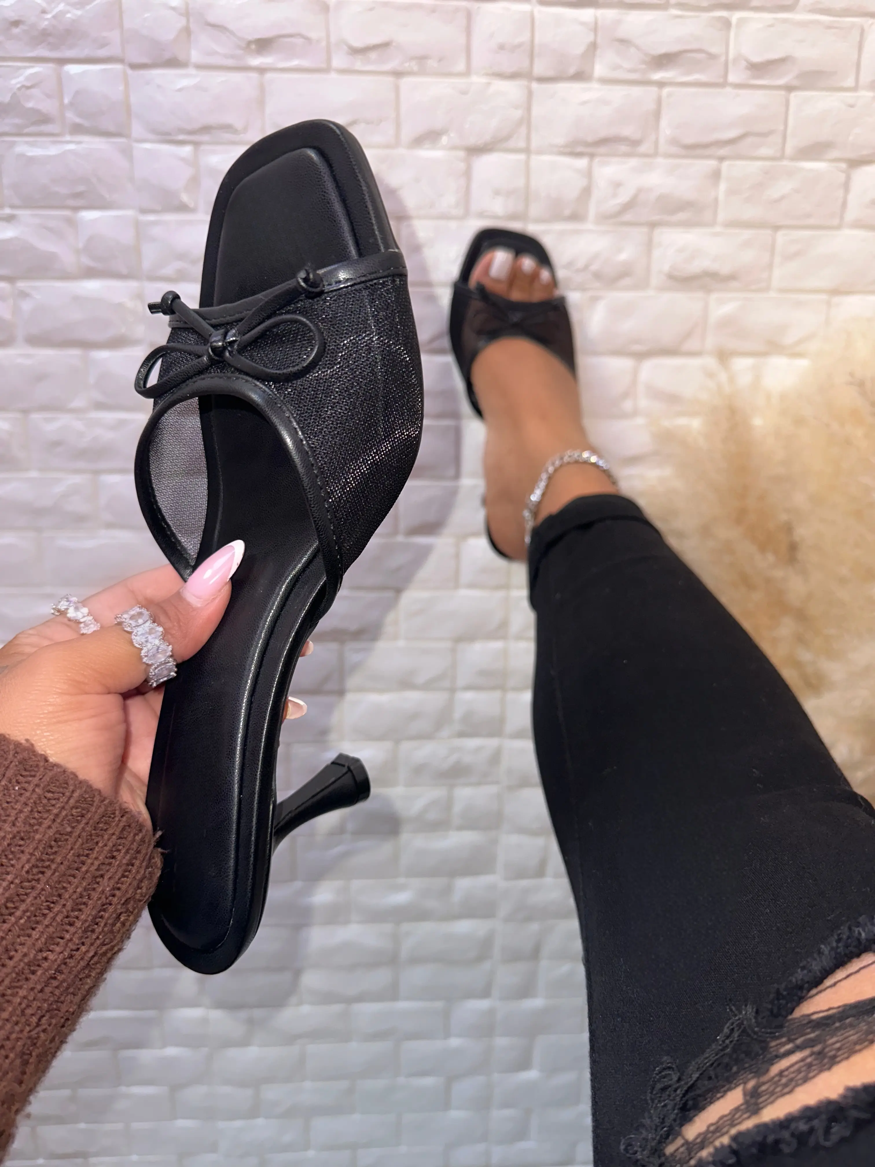 Women's Sandra Square Heel Sandal - Black, Leopard, Mesh, Bow, Coquette Style, Casual Comfort Walking Shoe, Padded Footwear
