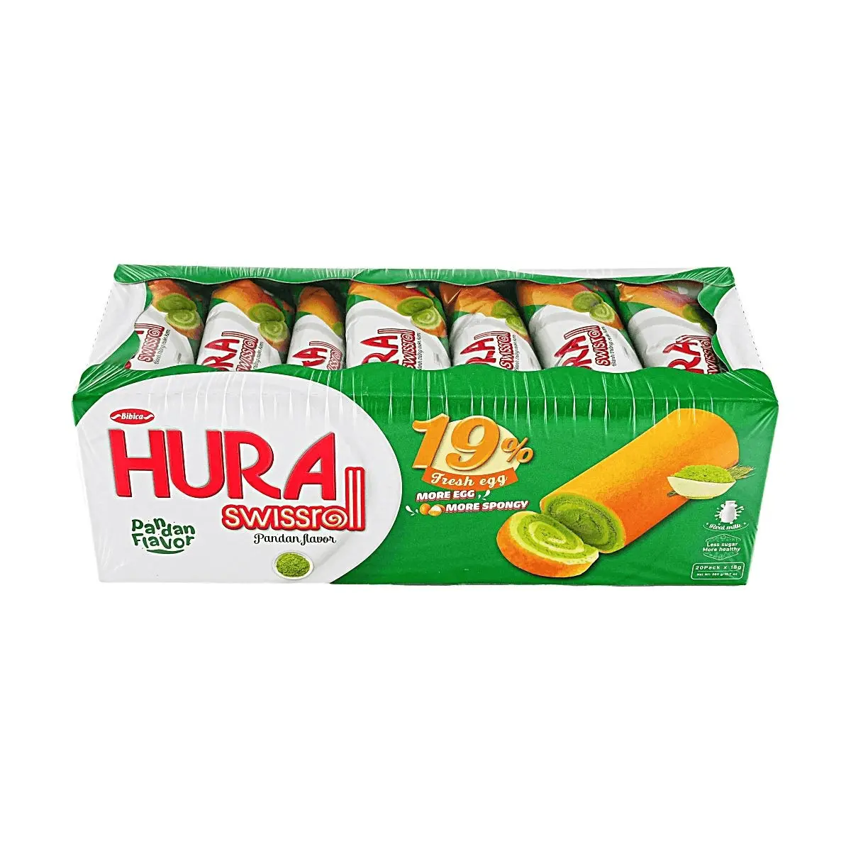 2 Pack BIBICA HURA Swiss Roll Cake Pandan Flavor - 20 Rolls/Pack, 360g Each - Perfect Breakfast & Afternoon Tea Snack