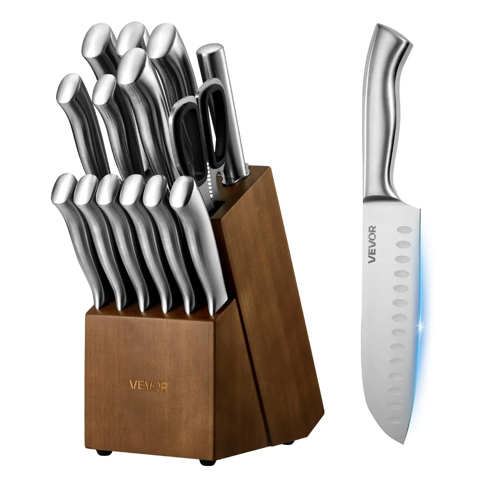VEVOR 15-Piece Modern Wooden Kitchen Knife Set with Block, Sharpener & Steak Knives - German High Carbon Stainless Steel Blades, Ergonomic Handle Cutlery for Home Cooks (Ideal for Holidays, Celebrations, Sharpening Needs)