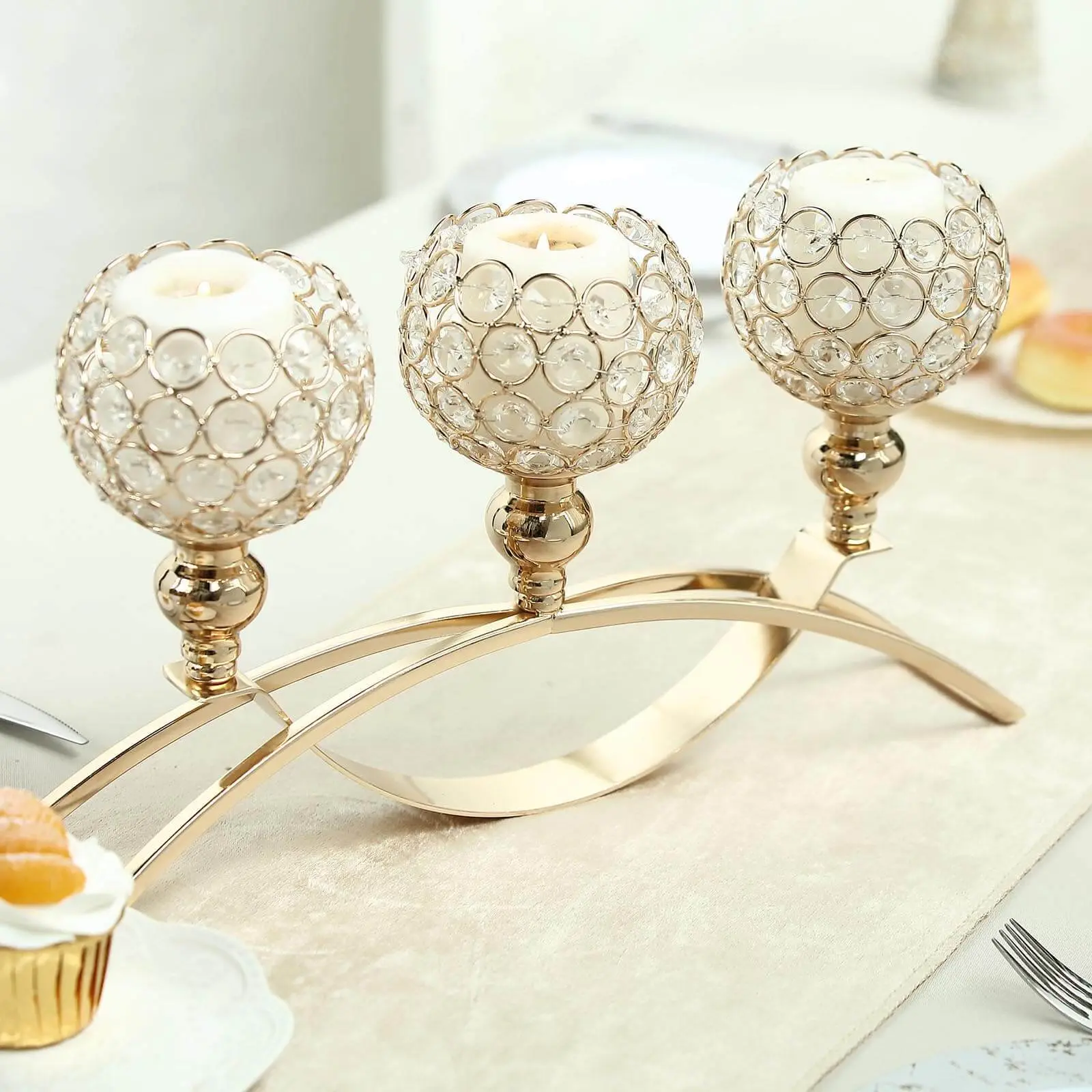 Gold 3-Arm Arch Bridge Candelabra with Crystal Beads - 16" Decor Candle Holders for Candlesticks, Gold Votive Candle Holders, Event Table Centerpiece