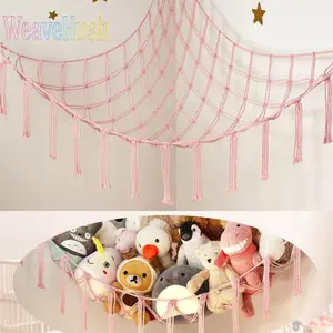55in Hand-Woven Cotton Rope Triangular Plush Toy Storage Net - Hangable Wall-Mounted Corner Hanging Basket, Indoor Recreation Home Organizer with Bedroom Decor Ideas