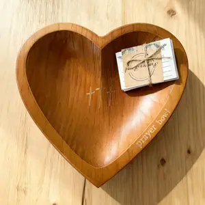 Heart Prayer Bowl with 24 Cards, Christian Heart Shaped Wooden Dough Bowl, Handcrafted Prayer Request Bowl, Religious Gift for Women, Mom, Baptism, Church, Thanksgiving & Christmas Decor