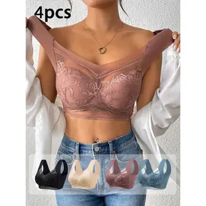 4pcs of mixed color Women's lace contrast underwear, daily bra, no steel ring underwear and bra Bralette Womenswear