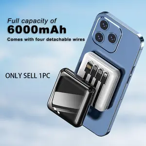6000mah Portable Power Bank Power Pack with Separable Four-In-One Cable, Digital Display, LED Flashlight, Emergency Lighting for Outdoor Use