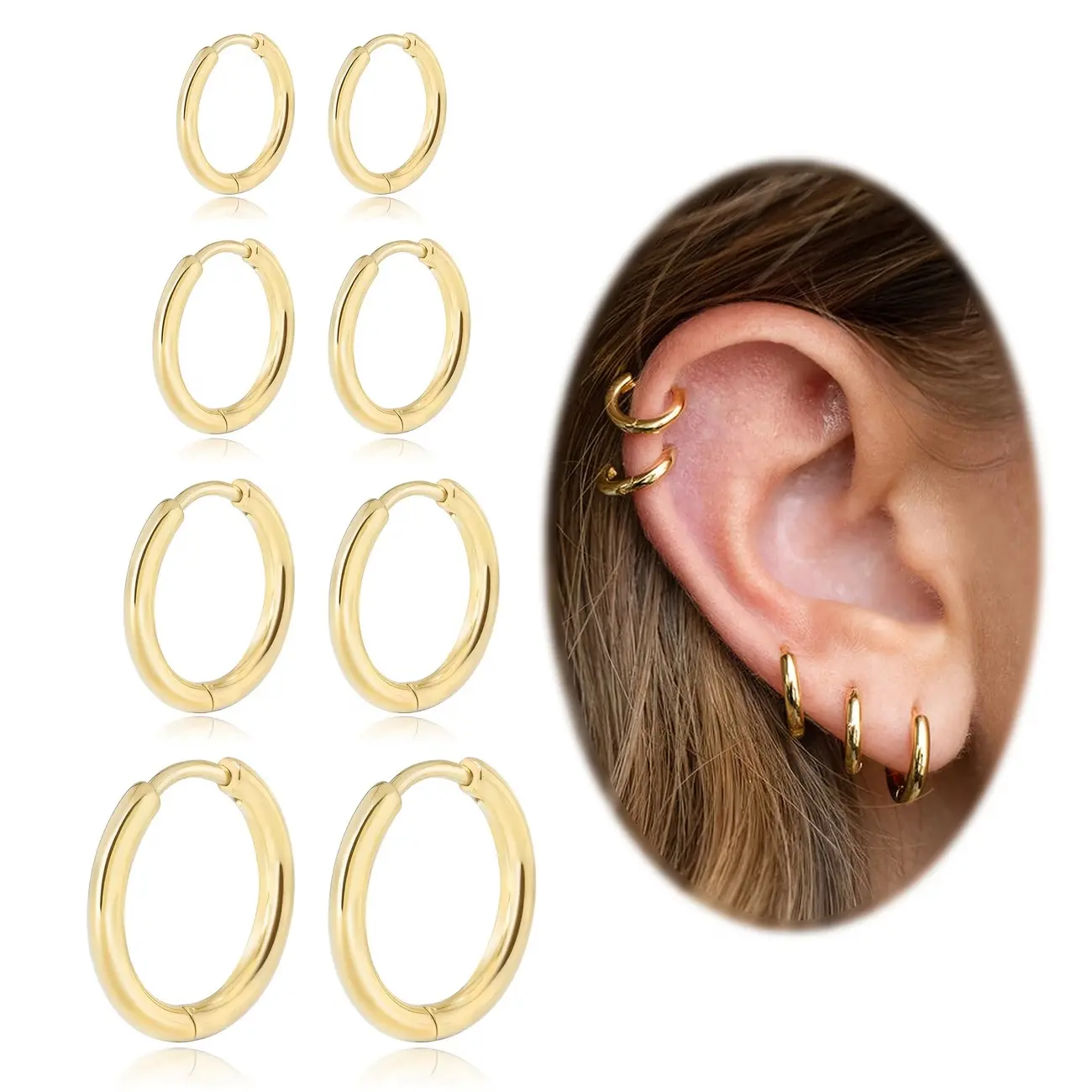 Women's Earrings Set - 4 Pairs Hypoallergenic Dainty Lightweight Gold Ear Hoops, Sensitive Ears Solutions, Wearable Mini Earrings, Perfect Gift for Women, Earring Stack, Gold Aesthetic