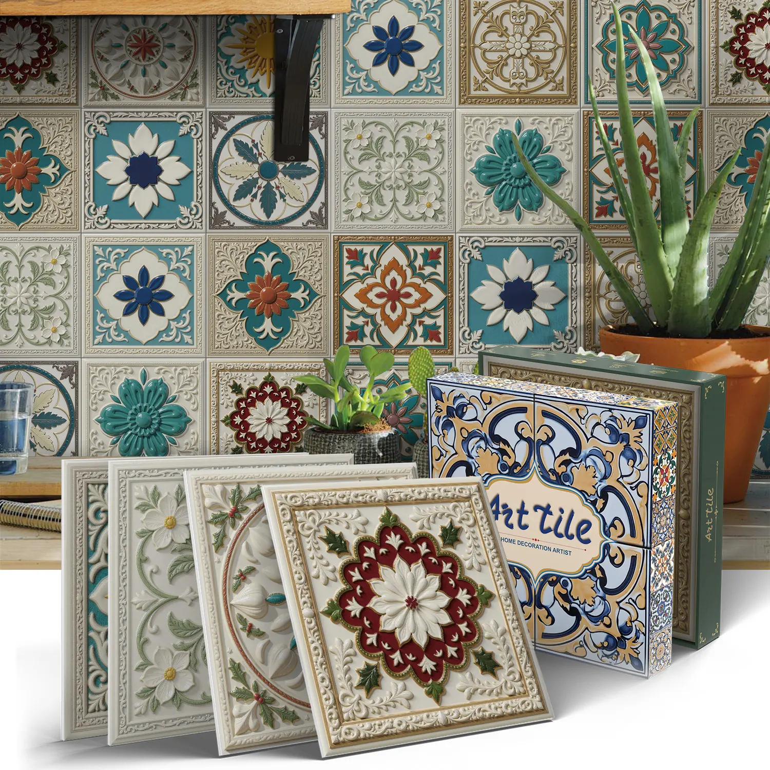 Vintage Luxury Moroccan Floral Tile Stickers, Self-Adhesive Waterproof Oilproof Removable Tiles, Bathroom Kitchen Splash Guard, 15x15 Cm