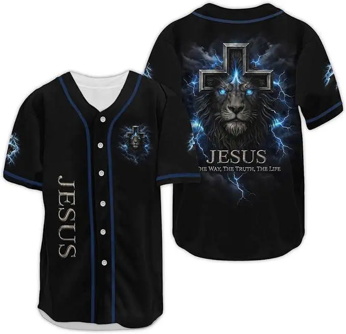 Faith Inspired Lion Baseball Jersey, Christian Cross Graphic Button-Up Shirt, Inspirational Scripture Sports Jersey, Unisex Worship Gift