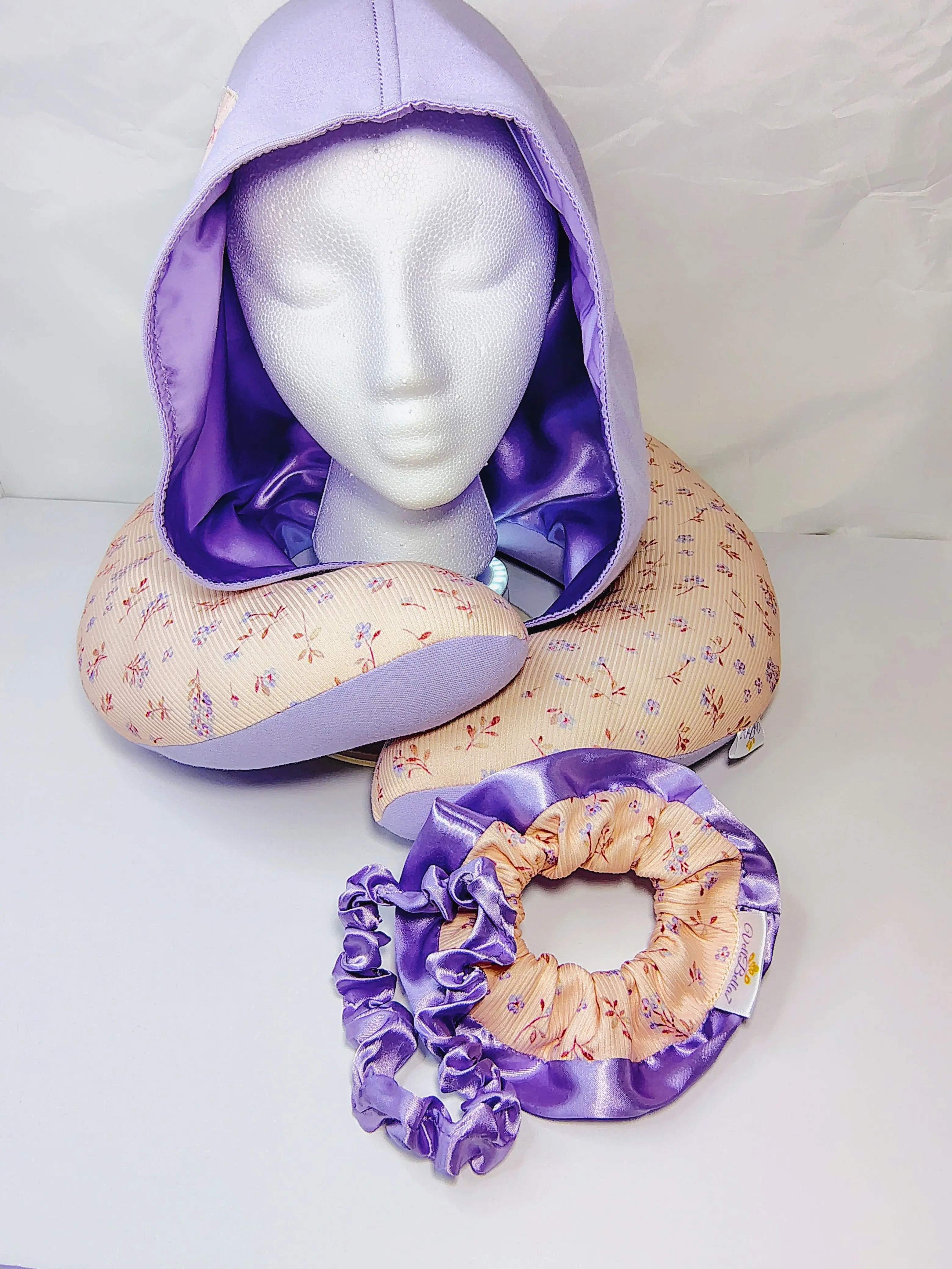 Satin hooded Travel Neck Pillow Blue Girl power, Pink Teddy, and Purple Flowers