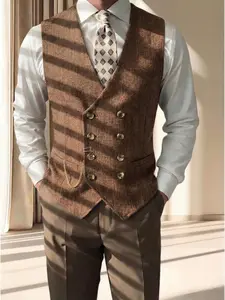 Men's High-end Vintage Double-breasted Herring Pattern Suit For Parties, Weddings And High-end Occasions