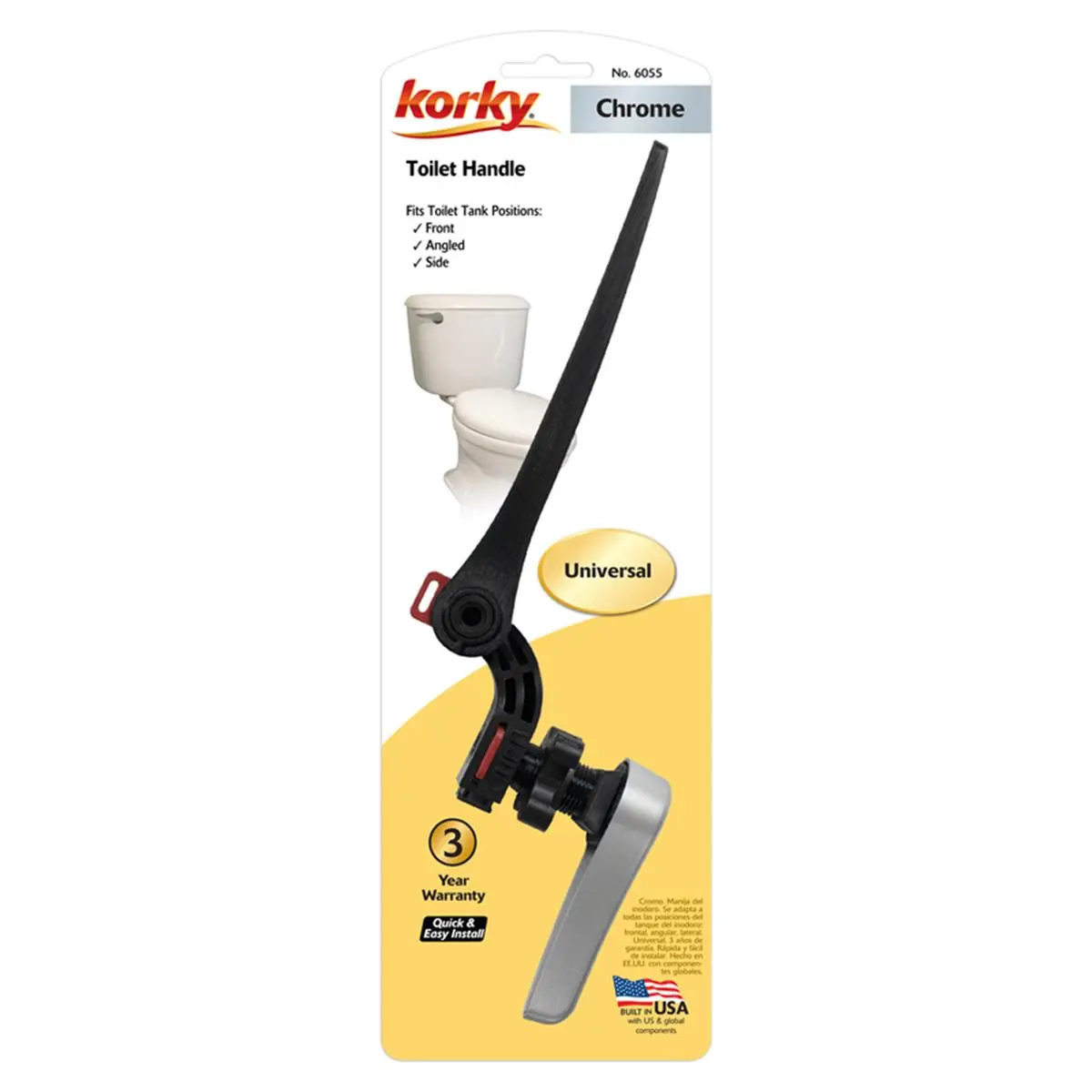 212 MAIN Korky 4007425 Strongarm Adjustable Chrome Toilet Handle - Universal Fit Bathroom Fixture Accessory, Side/Front Mount Compatible, Angled Design, Works with 2/3 Toilet Flappers, Fits Canister-Style Flush Valves, 0.2 lbs, Easy to Install, Easy Insta