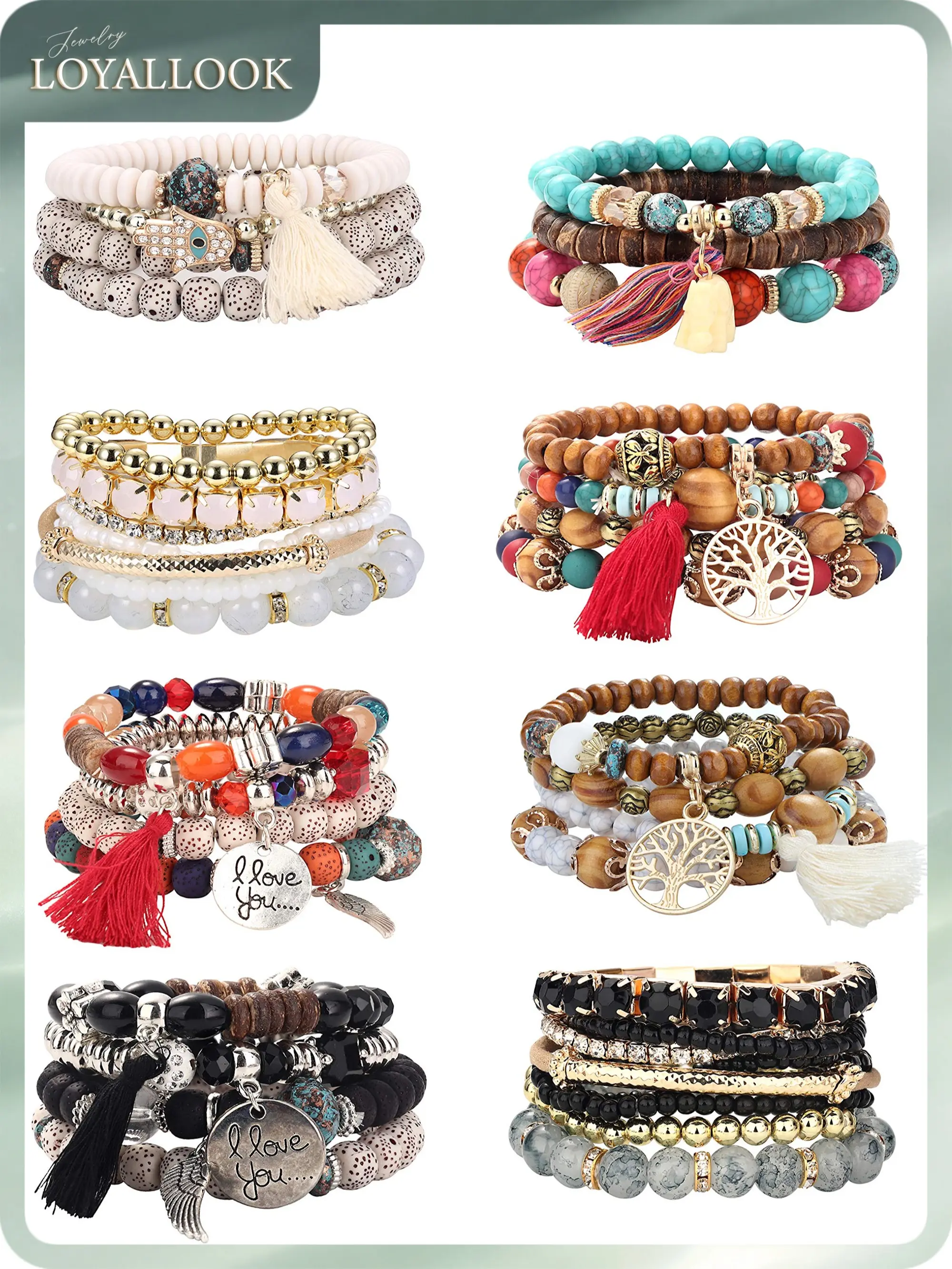 LOYALLOOK 8 Sets Bohemian Stackable Bead Bracelets for Women Stretch Multilayered Boho Stackable Bracelets Stack Beads Multicolor Beaded Strand Bangle Charm Bracelets Boho Tassel Bracelet Set Handmade