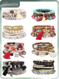 LOYALLOOK 8 Sets Bohemian Stackable Bead Bracelets for Women Stretch Multilayered Boho Stackable Bracelets Stack Beads Multicolor Beaded Strand Bangle Charm Bracelets Boho Tassel Bracelet Set Handmade