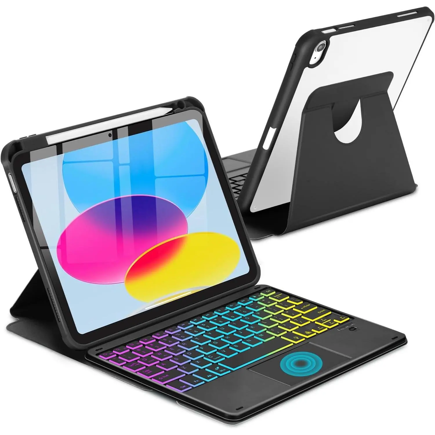 P-PCS04 Rainbow 360-Degree Rotation Touchpad Keyboard Case for iPad (A16,A2696) 11th/10th Gen - Wireless Backlit Detachable Keypad, Pencil Holder, USB-C, Batteries, Reading-Friendly Cover, Watermelon Red (Fits 11in 2025/10.9in 2022,10.9 inch Models), Acce