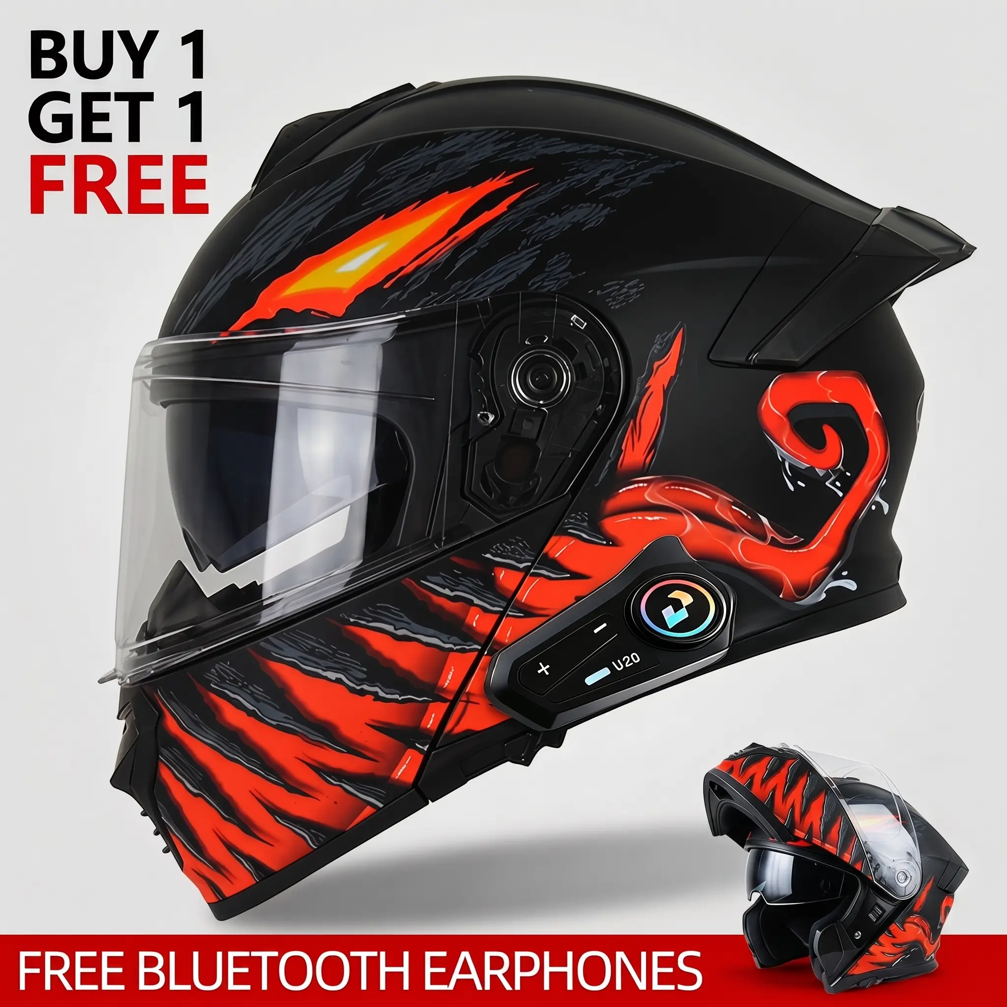 Modular Full Face Motorcycle Helmet - Unisex Moto Gear, Removable Chin Guard, Dual Lenses, All-Season, Removable Lining, DOT-Approved Biker Helmet, Complimentary Bluetooth Headset, Full Face Helmets