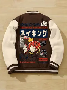 Digital Letter Print Baseball Jacket, Casual Loose-Fit Street Style, Long Sleeve, Thick Kint Fabric, Fall & Winter Men's Women's Unisex Coats Outerwear